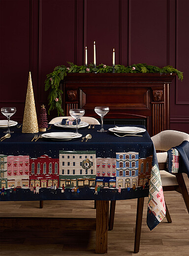 Simons Maison: La nappe scintillante 20, c&ocirc;te de la Fabrique <b>Collection de No&euml;l</b> Marine &agrave; motifs