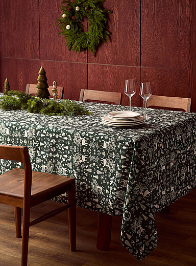 Simons Maison: La nappe festive faune et flore de la for&ecirc;t <b>Collection de No&euml;l</b> Vert &agrave; motifs