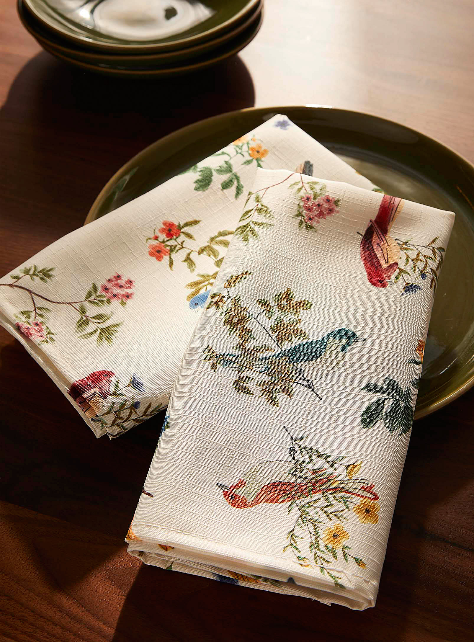 Simons Maison - Les serviettes de table polyester recyclé oiseaux colorés Ensemble de 2