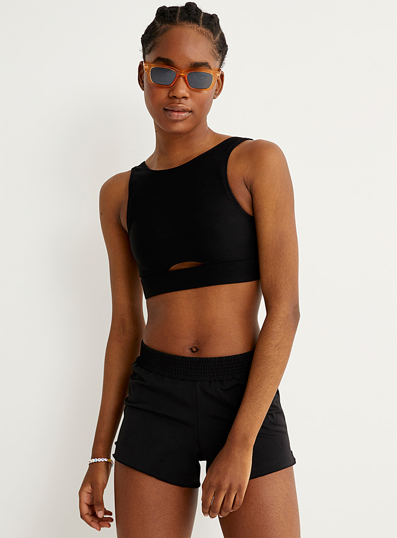 Simons Black Neoprene-style cropped cutout tankini top for women