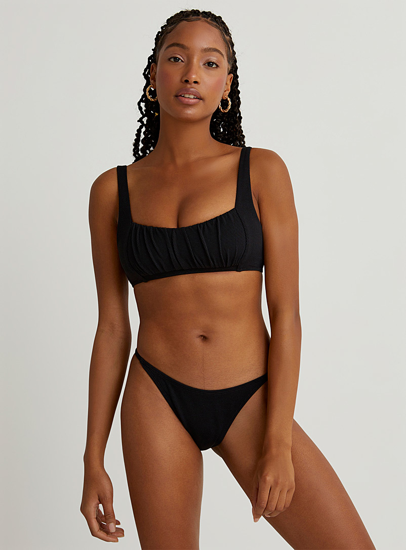 Simons Black Ruched honeycomb-textured slim bralette bikini top for women
