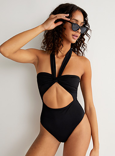 Simons Black Knotted halter one-piece for women