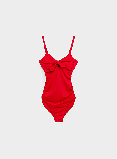 Simons Red Faux-knot ruched one-piece for women