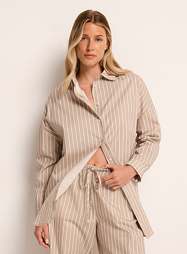 Everyday Sunday Patterned Ecru Striped sand poplin loose shirt for women