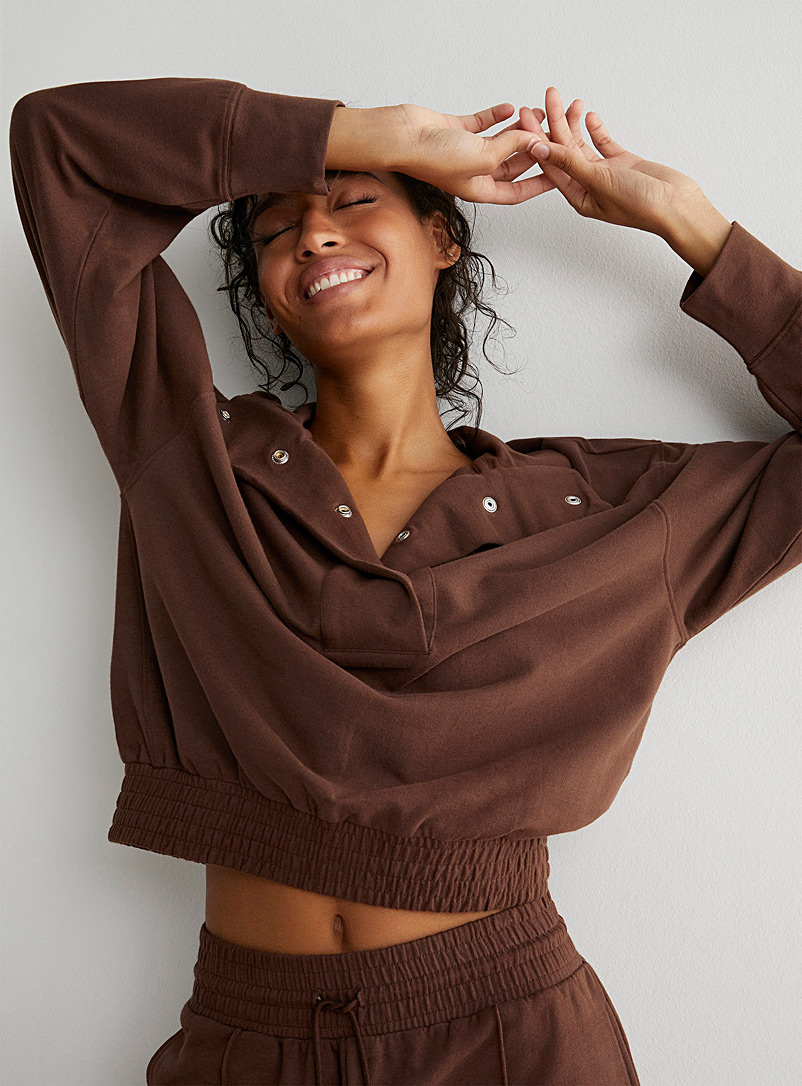Everyday Sunday Medium Brown Buttoned mock-neck sweatshirt for women