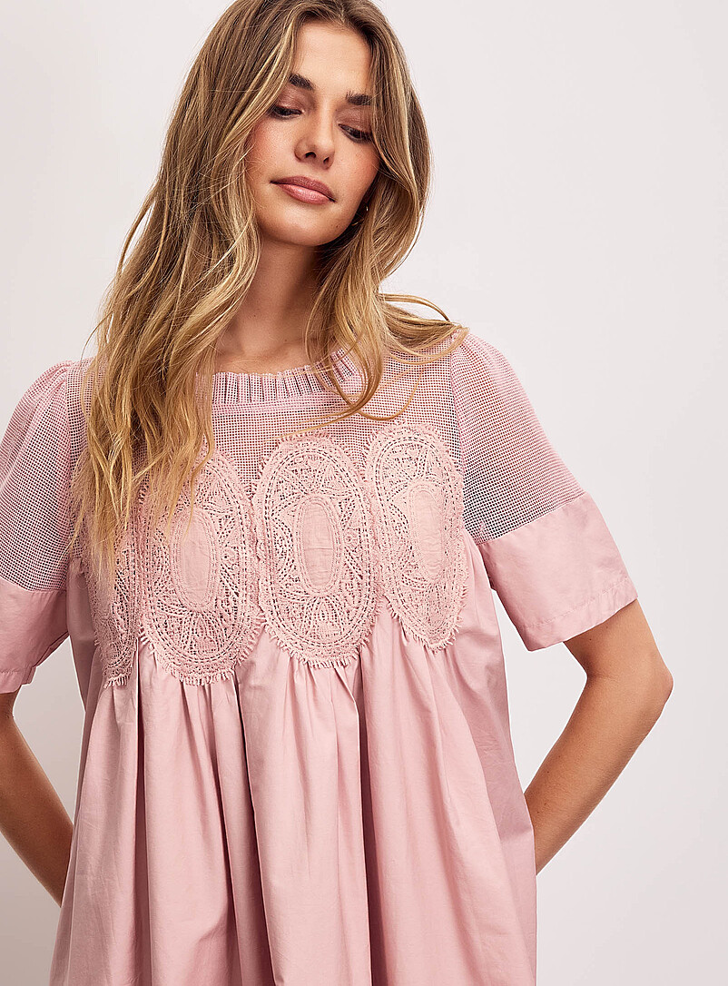 Ic&ocirc;ne: La minirobe &eacute;vas&eacute;e ovales crochet&eacute;s popeline Vieux rose pour femme
