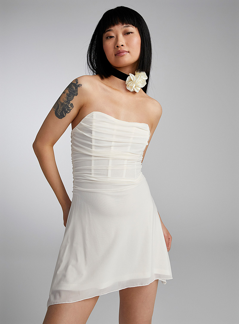 Twik Ivory White Draped mesh tube dress for women