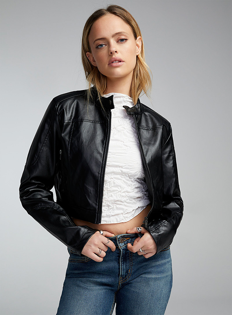 Twik Black Cropped faux-leather biker jacket for women