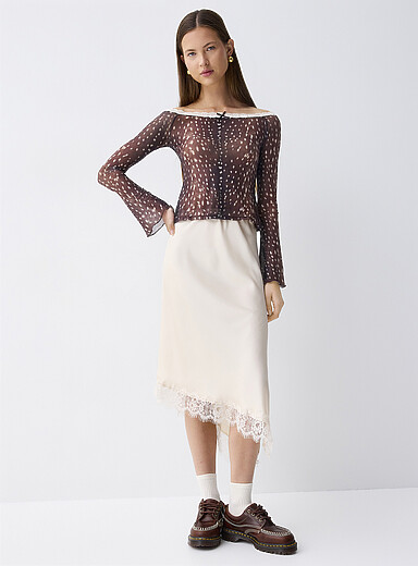 Fawn pattern boat-neck mesh T-shirt | Twik | Shop Women's Long Sleeves ...