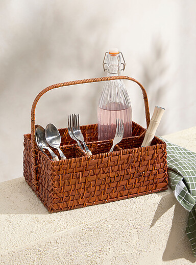 Rattan and bamboo utensil holder basket
