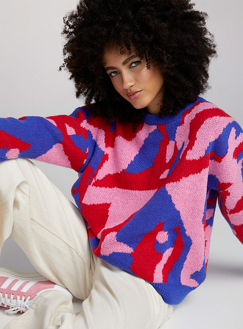 Twik: Le pull tricot abstrait coloré Bleu à motifs pour femme