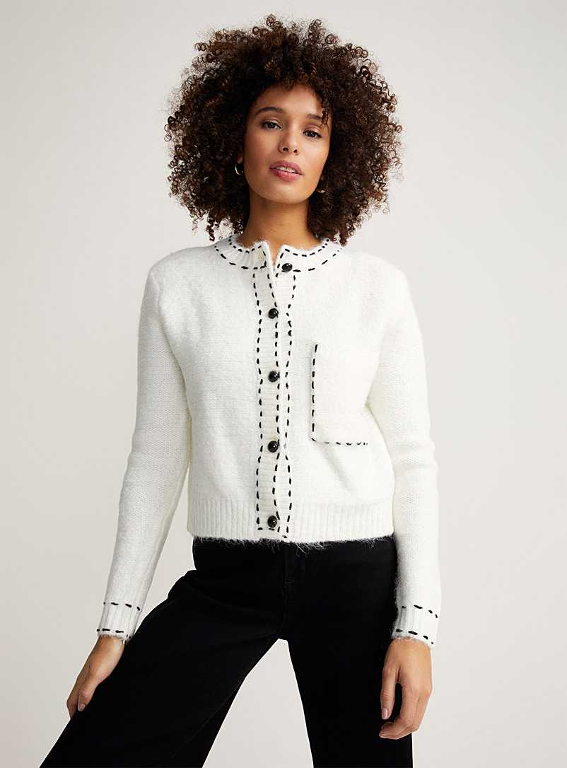Contemporaine Ivory White Contrasting topstitching cardigan for women