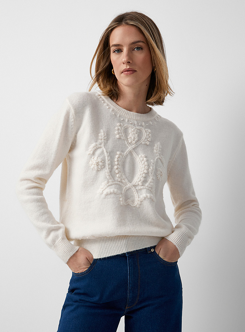 Contemporaine Ivory White Ivory embroidered sweater for women