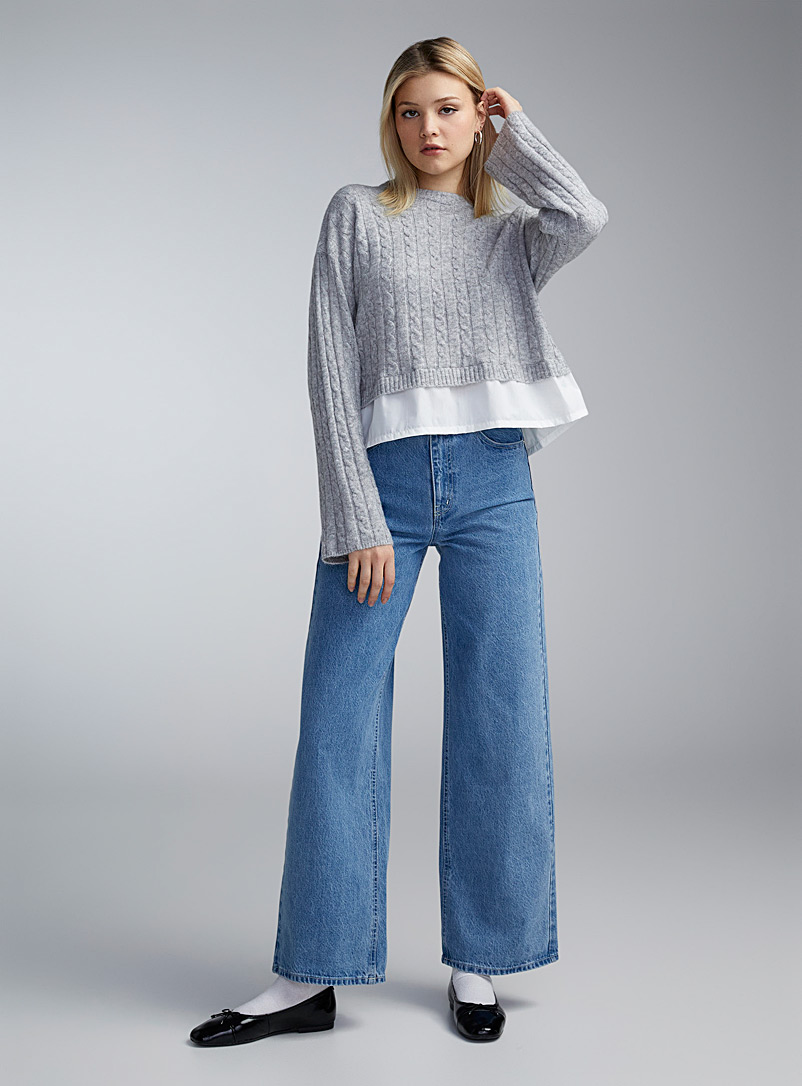 Twik Grey Poplin edging cable-knit sweater for women