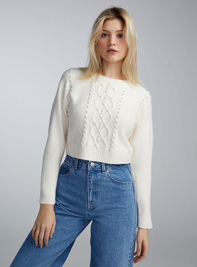 Twik Ivory White Pearled cables sweater for women
