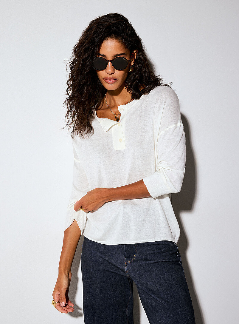 Ic&ocirc;ne Ivory/Cream Beige 3/4 sleeves sheer knit Henley sweater for women