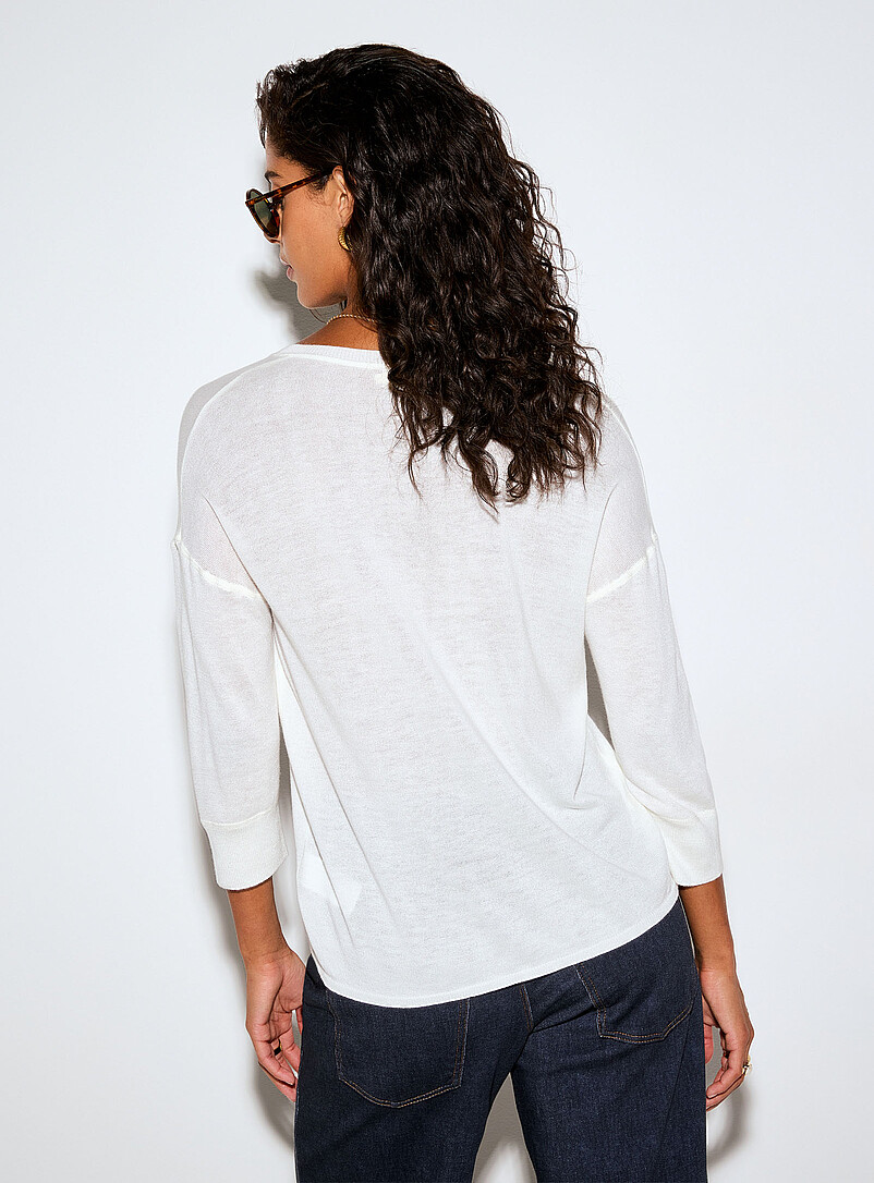 Ic&ocirc;ne Ivory/Cream Beige 3/4 sleeves sheer knit Henley sweater for women