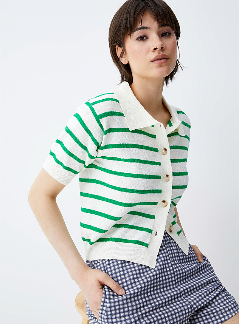 Twik Green Striped terry buttoned sweater for women