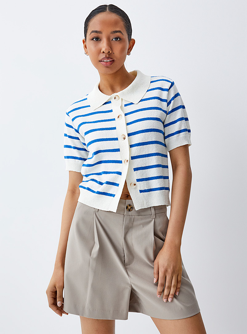 Twik Blue Striped terry buttoned sweater for women