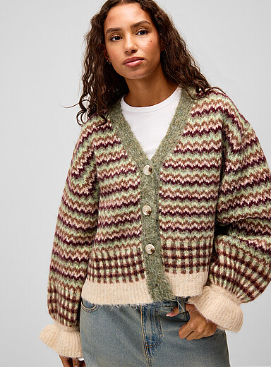 Twik Patterned Green Northern stripes fuzzy cardigan for women