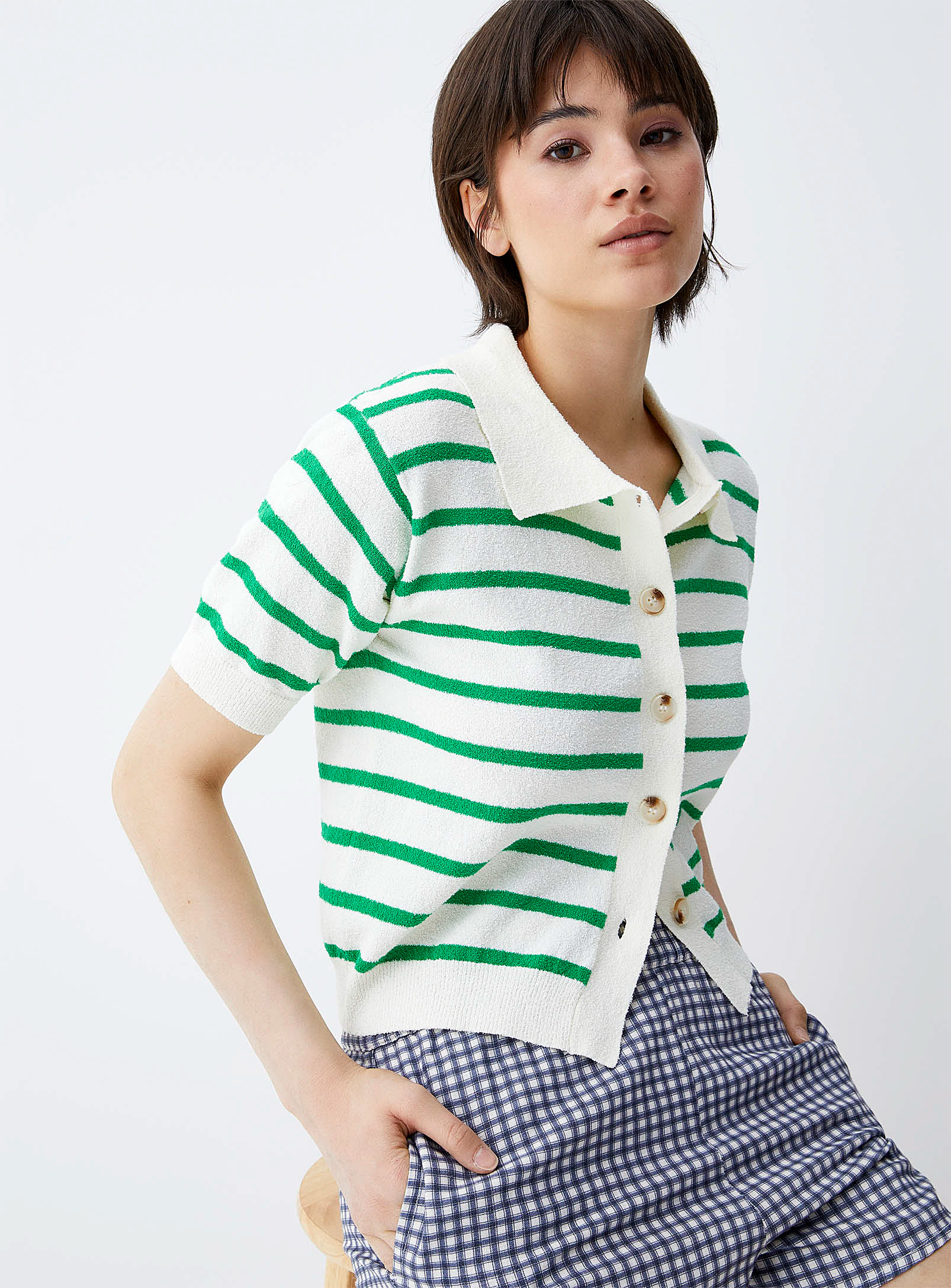 Twik Striped Terry Buttoned Sweater In Green
