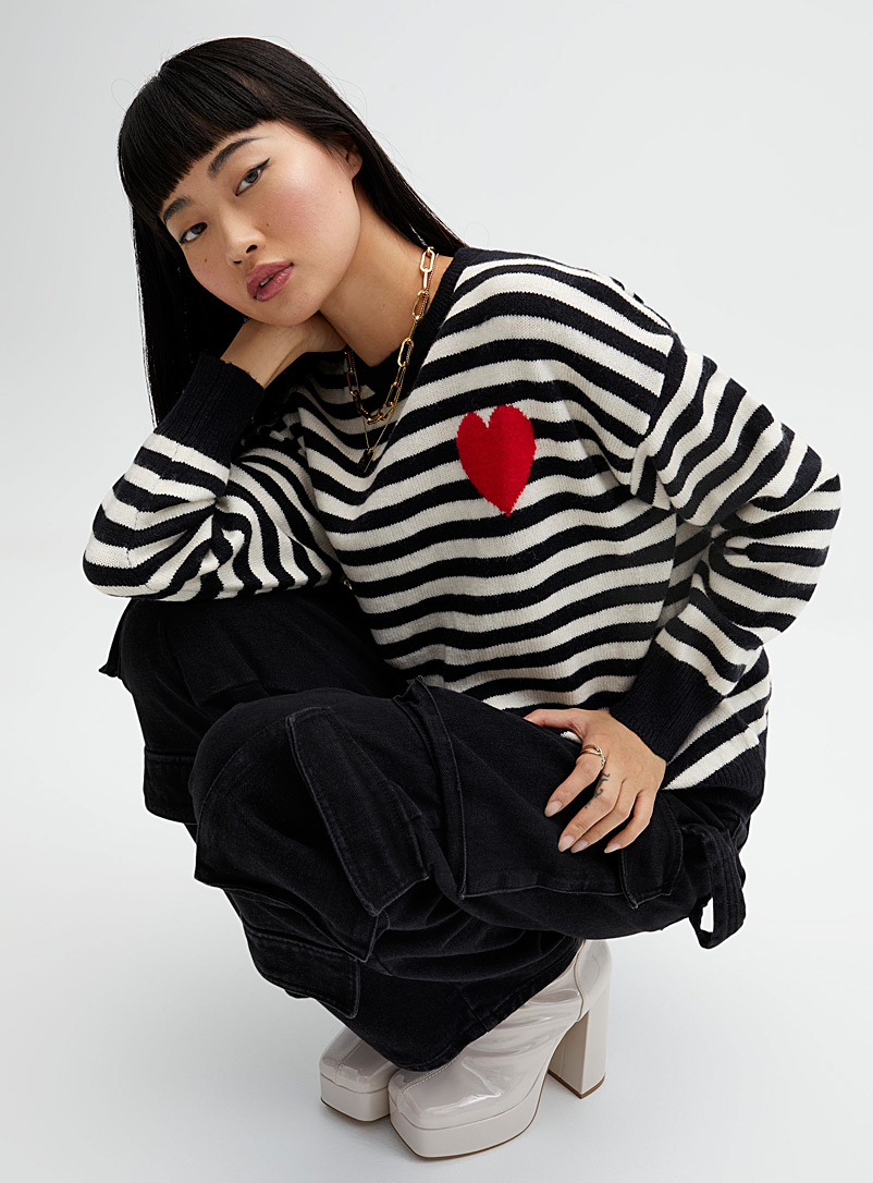 Twik Patterned Black Heart and stripes sweater for women