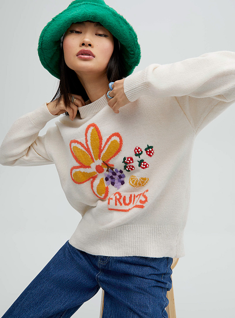 Twik Ivory White Flower and fruits sweater for women