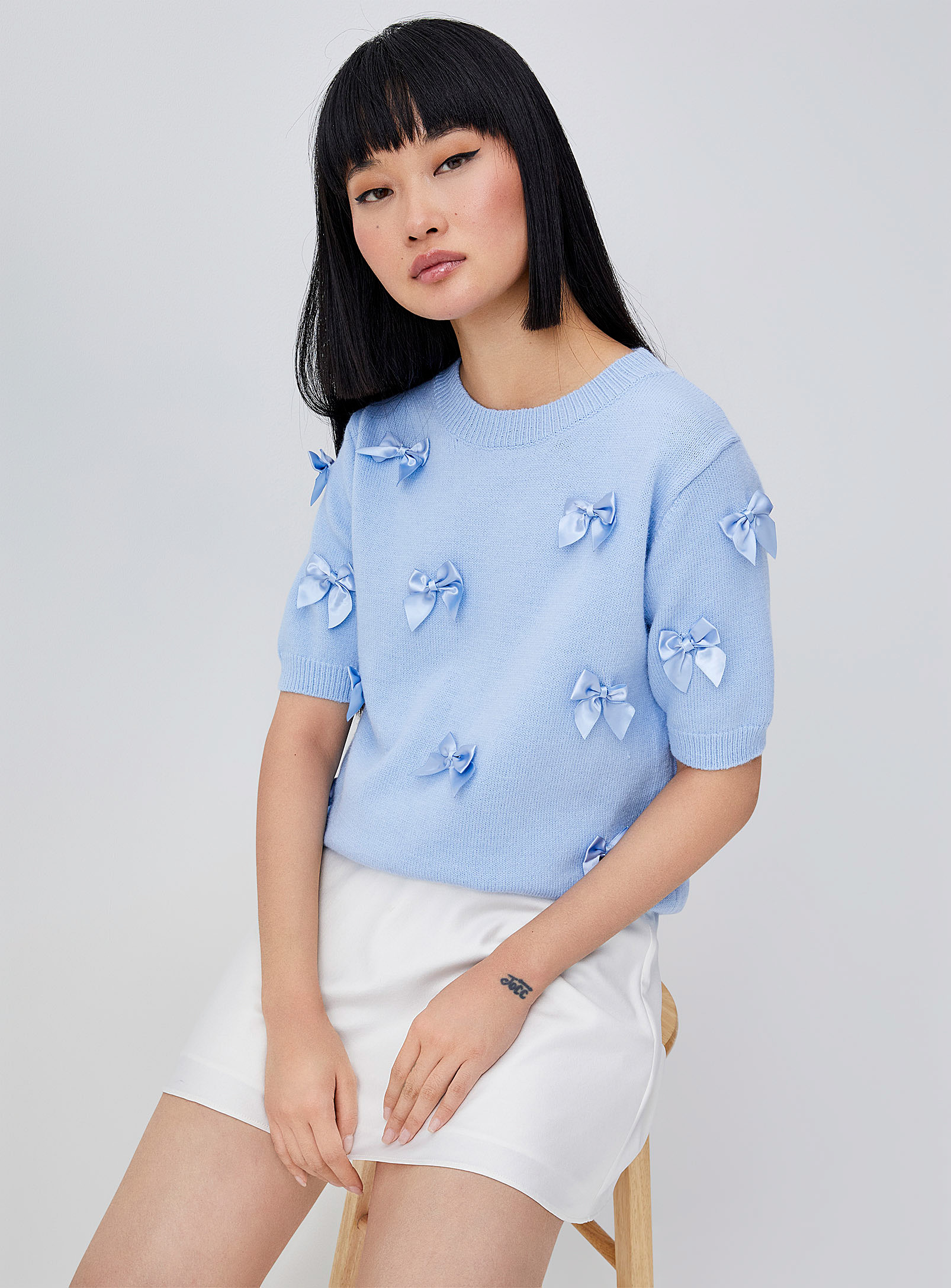 Twik Satiny Bows Sweater In Baby Blue