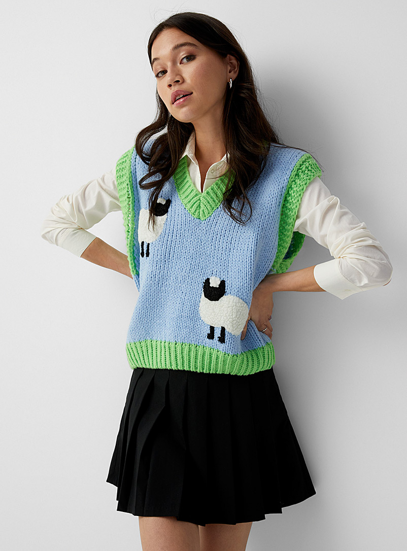 Twik Blue Colourful sheeps sweater vest for women