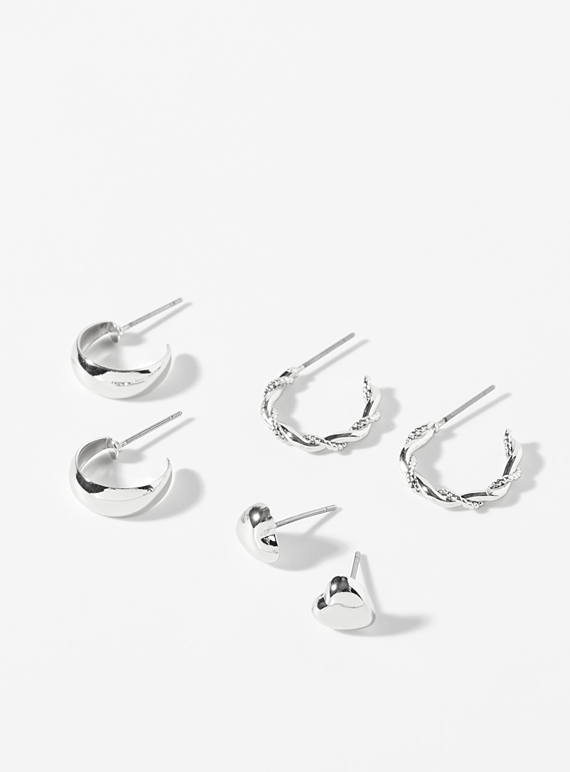 Simons Silver Shimmery earrings Set of 3 for women