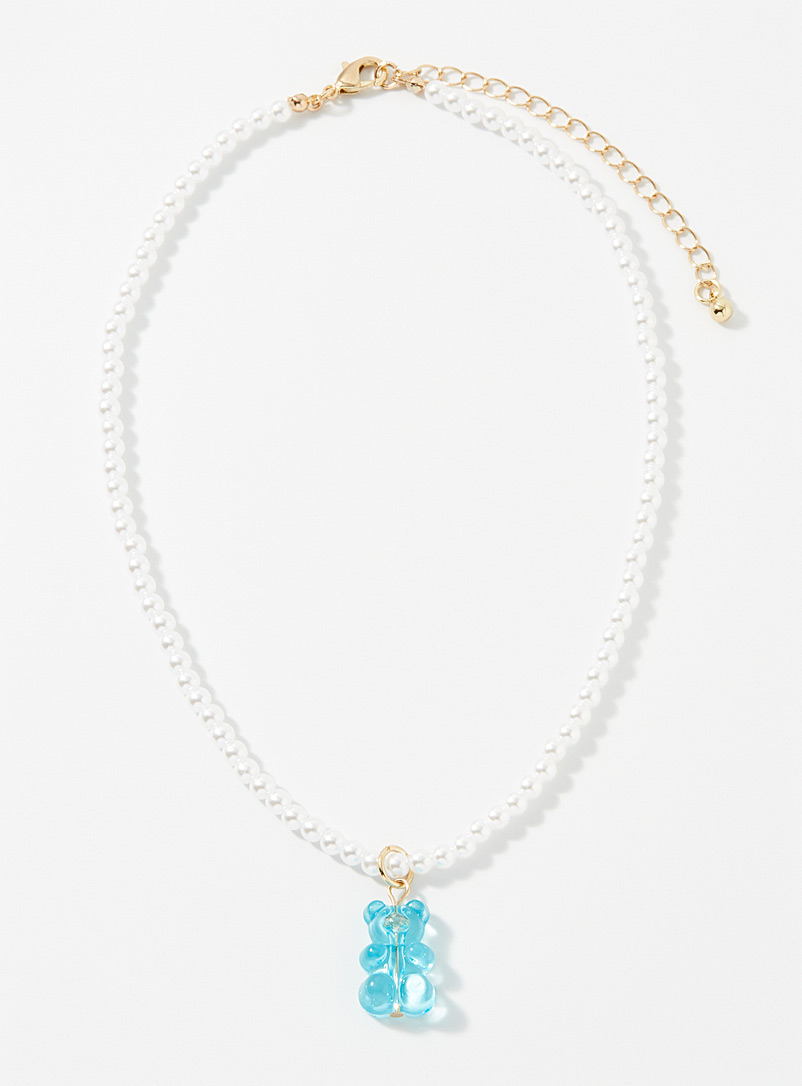 Simons Patterned Blue Gummy bear pearl necklace for women
