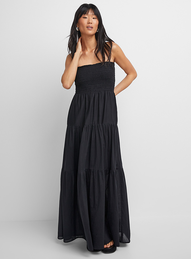 Icône Black Smocked bust tiered maxi dress for women