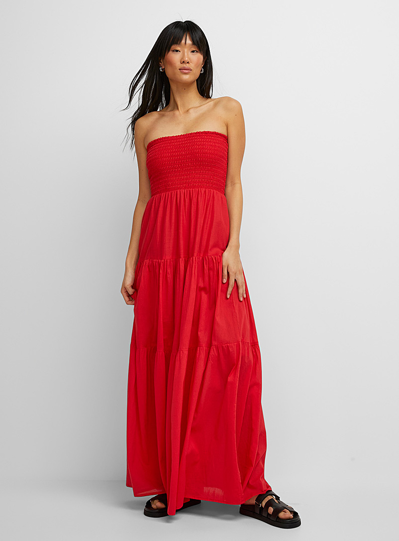Icône Red Smocked bust tiered maxi dress for women