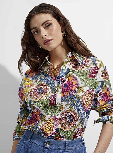 Ic&ocirc;ne: La chemise ample floraison luxuriante Bleu &agrave; motifs pour femme