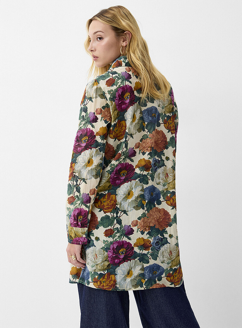 Ic&ocirc;ne Patterned Blue Lush bloom ultra-long shirt for women