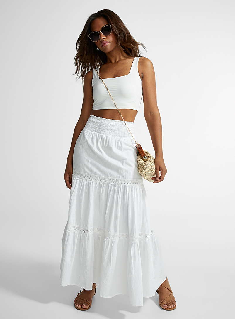 Icône White Lace strips long tiered skirt for women