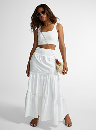 Icône White Lace strips long tiered skirt for women