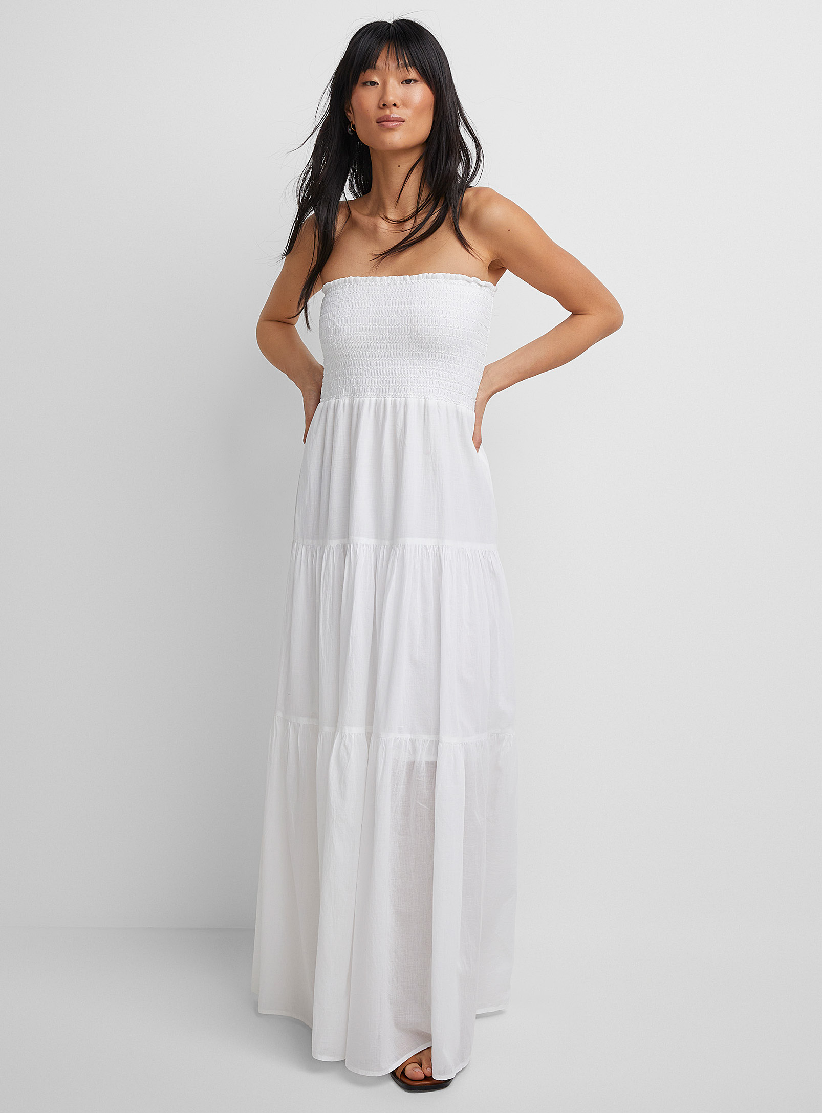 Icone Smocked Bust Tiered Maxi Dress In White