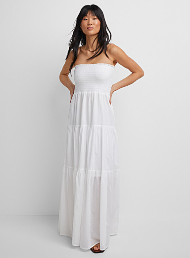 White Maxi Dress - Cotton Eyelet Dress - Strapless Smocked Dress