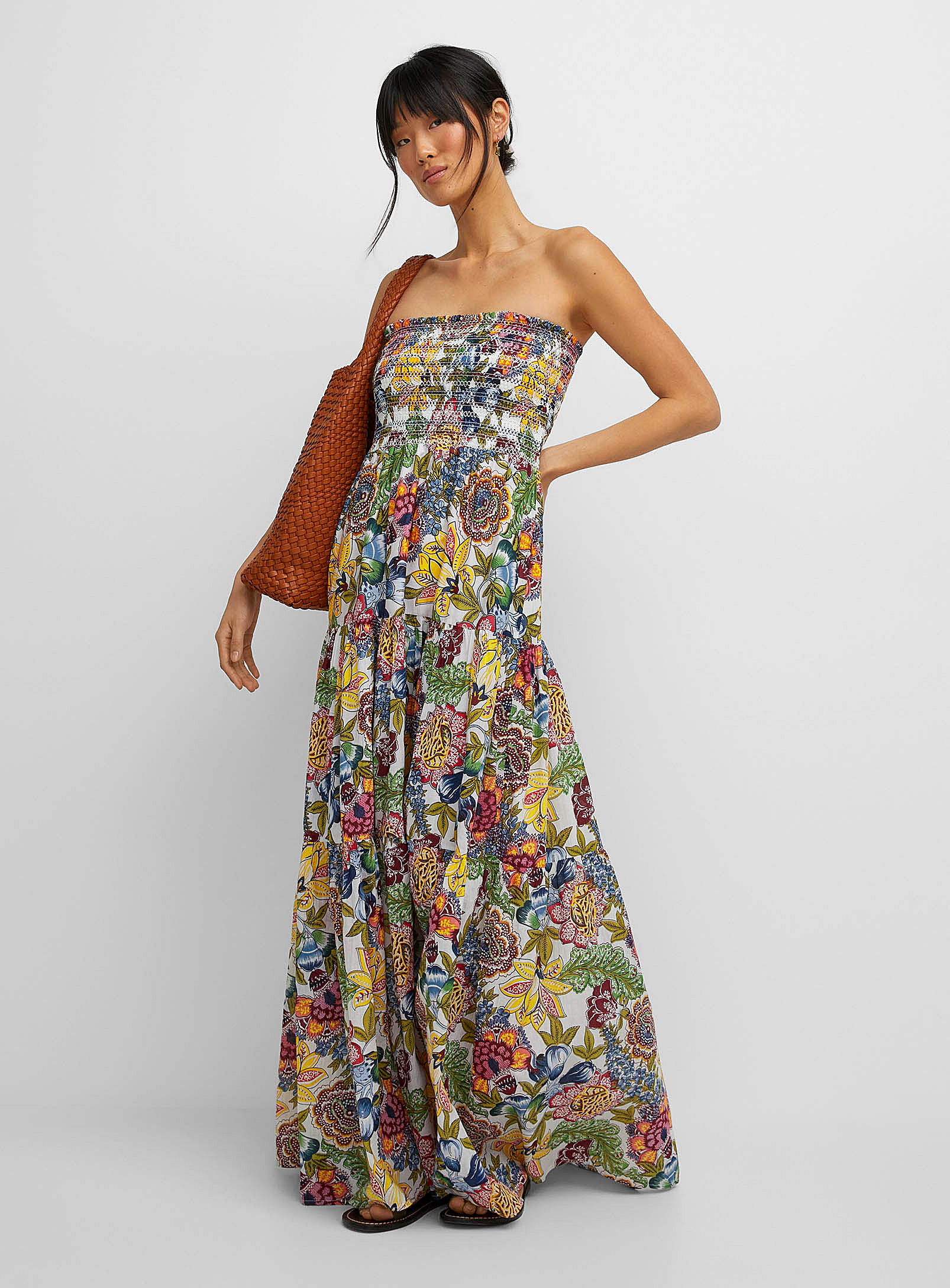 Icone Smocked Bust Tiered Maxi Dress In Patterned Ecru