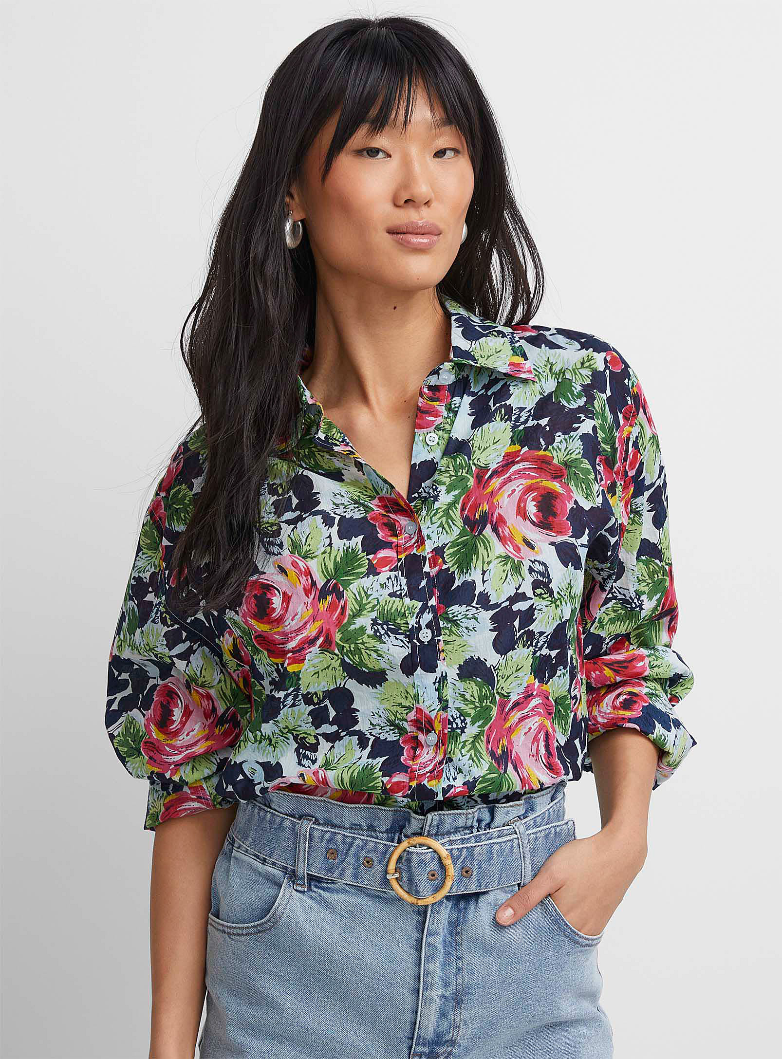 Icone Luxurious Bloom Loose Shirt In Patterned Ecru