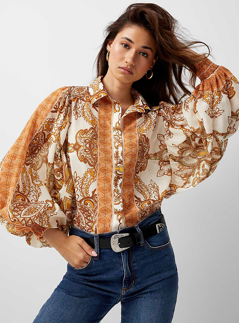 Icône Patterned Yellow Paisley puff-sleeve shirt for women