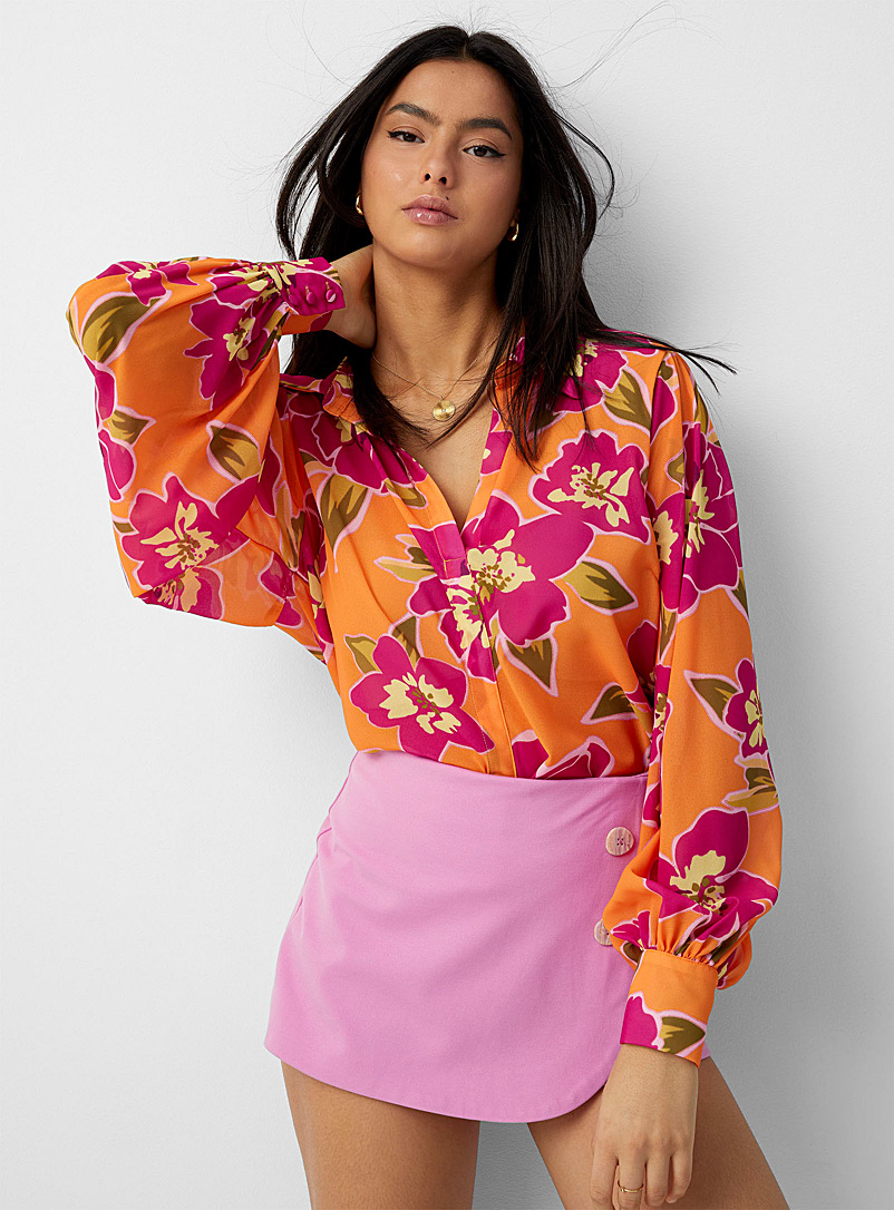 Icône Patterned Orange Large bright flowers sheer blouse for women