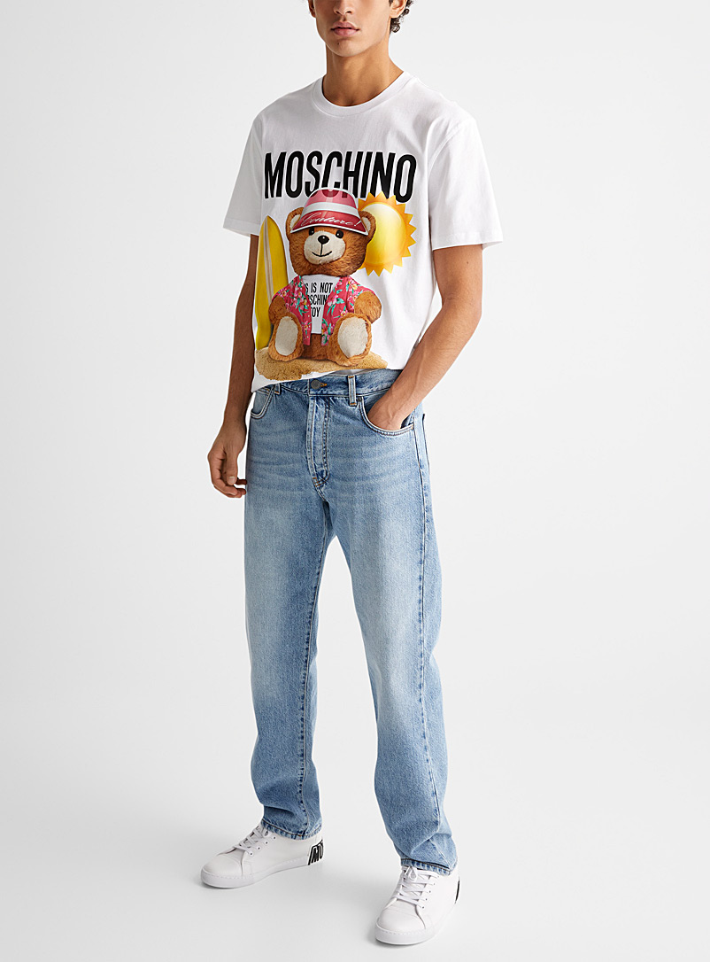 Moschino Baby Blue Embroidered smiley face logo jeans for men