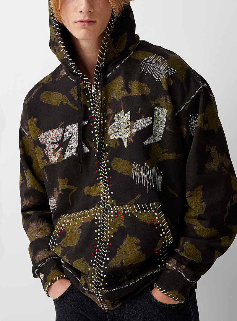 Moschino Green Colourful crystals camo zipped hoodie for men