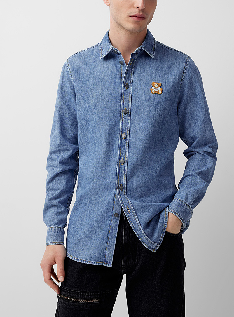 Moschino: La chemise denim brodée Teddy Bleu pâle-bleu poudre pour homme