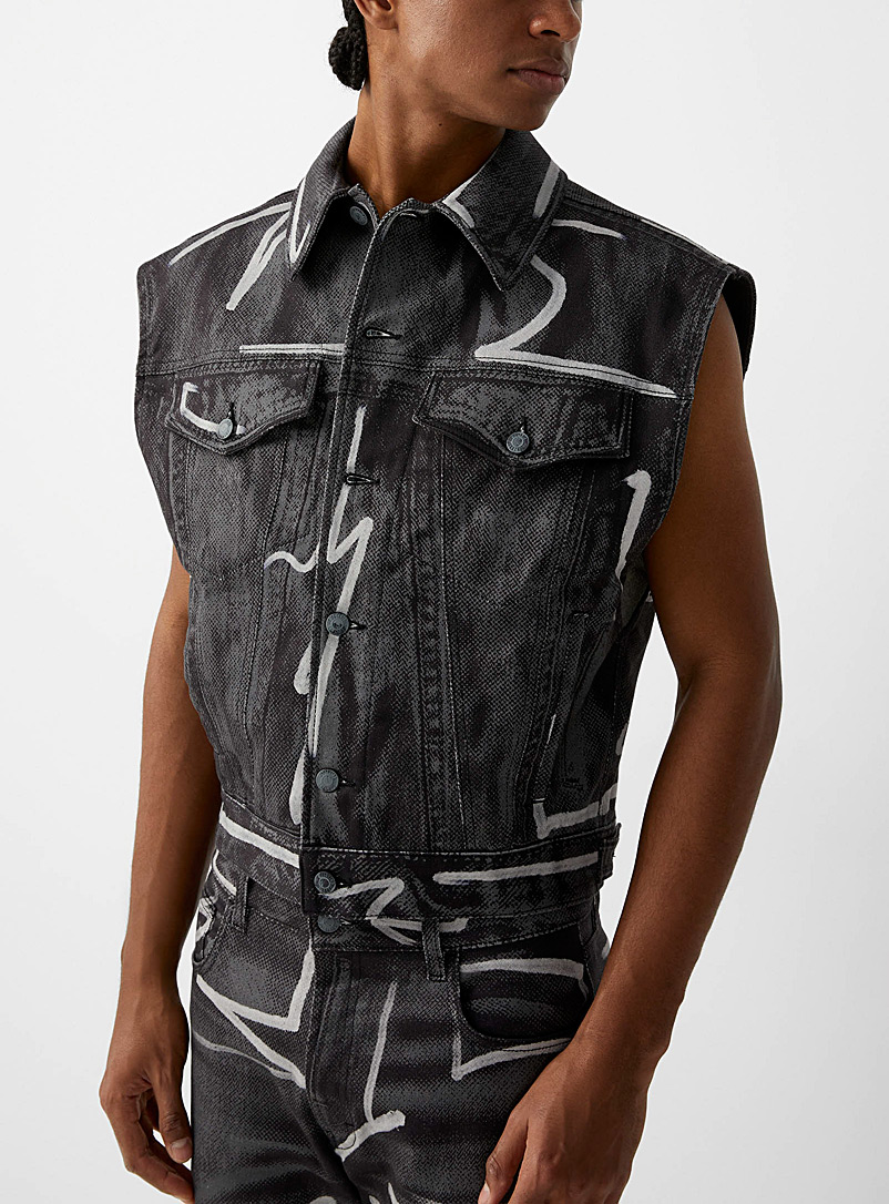 Moschino Grey Illustrated denim sleeveless jacket for men