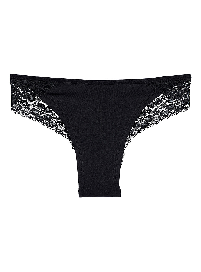 Miiyu Black Cotton and modal lace Brazilian panty for women
