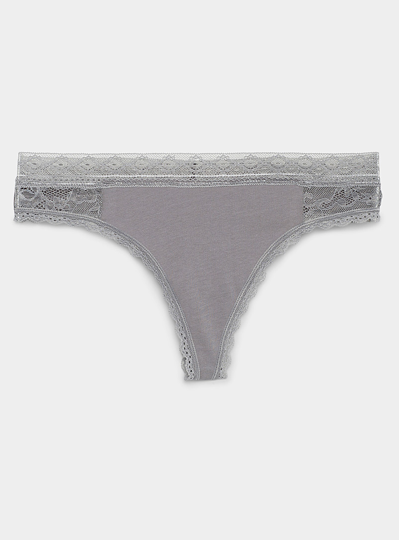 Miiyu Grey Organic cotton and lace thong for women