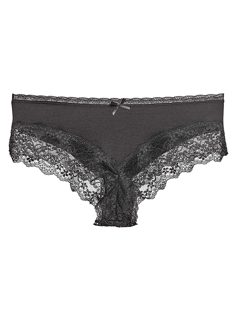Miiyu Black Organic cotton lace-trimmed Brazilian panty for women